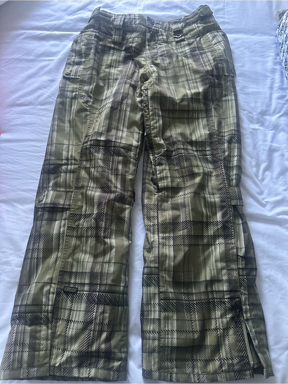 Oakley Thinsulate Plaid Ski Pants Green Gray Cargo Pockets Baggy Fit Women’s M
